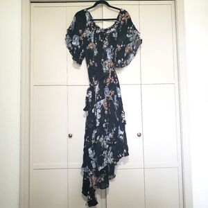 Ghost London Black and Blue Asymmetrical Floral Maxi Dress‎ Large